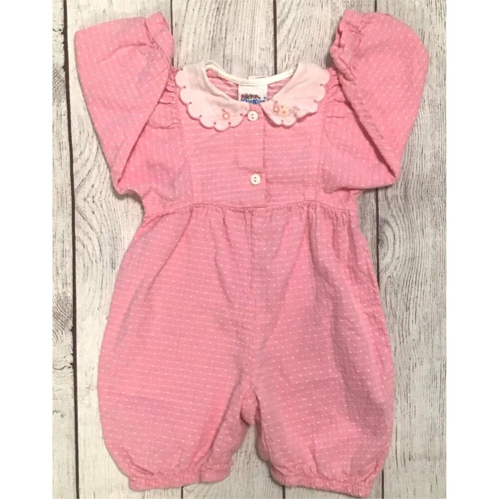 OshKosh B'Gosh Vtg Girls Polka Dot Romper Size 6-9 Mos. Ducks Collar Pink White